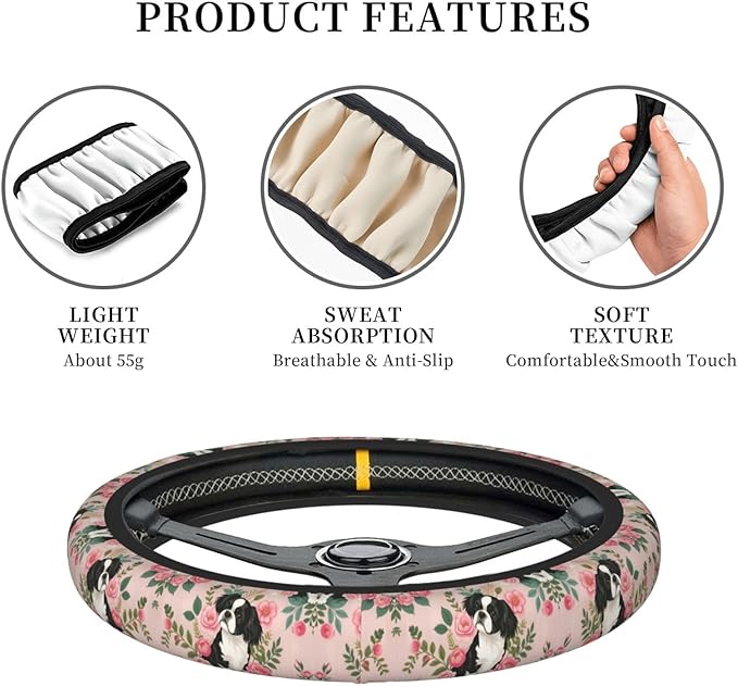 Japanese Chin Dog Universal Fit Steering Wheel Cover for Car, Truck, and SUV, Durable Steering Wheel Protection