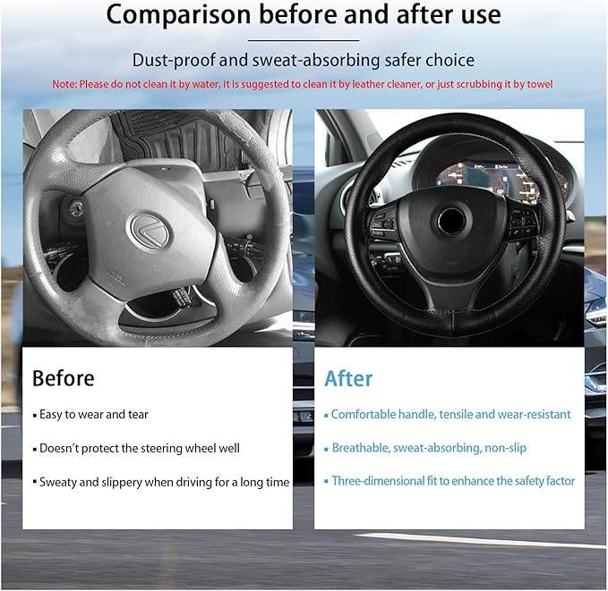 Kewucn Genuine Leather Steering Wheel Cover, 15" Universal Car Steering Wheel Protector with Needle Thread, Breathable Anti-Slip Steering Wheel Cover DIY Stitch on Wrap (Black, Full Hole)
