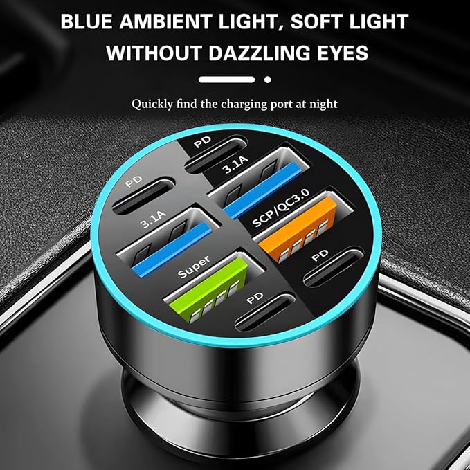 8 Ports 66W Car Charger, 12-24V Super Fast Charging with USB 3.1A PD&QC 3.0 with LED Voltmeter for Cigarette Lighter Plug, Compatible with All Smartphone, Universal Auto Accessories
