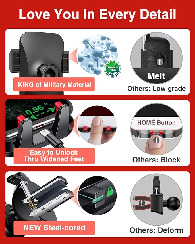 VANMASS 【2026 Strongest & Military-Grade Car Phone Mount 【Patent & Safety】 Ultimate Cell Phone Holder Best Handsfree Dash Windshield Vent for iPhone 17 Pro Max 16 15 Android & Truck Desk Mounts, Red