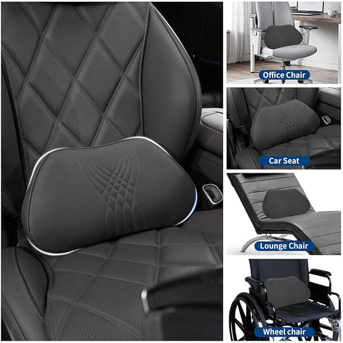 Dapucarin Lumbar Support Pillow for Car Seat, Office Chair Nappa Leather Memory Foam Lower Back Cushion for Back Pain Relief Improve Posture, Ergonomic Back Rest for Gaming Chair, Black, 1PC