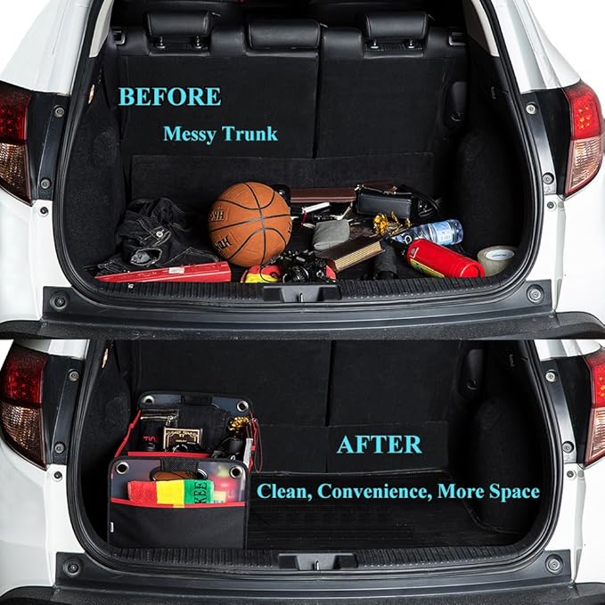 Car Trunk Organizer, Collapsible Auto Trunk Organizer Storage, Portable Grocery Cargo Container with Two Large Compartments for SUV, Vehicle, Truck, Home and Office