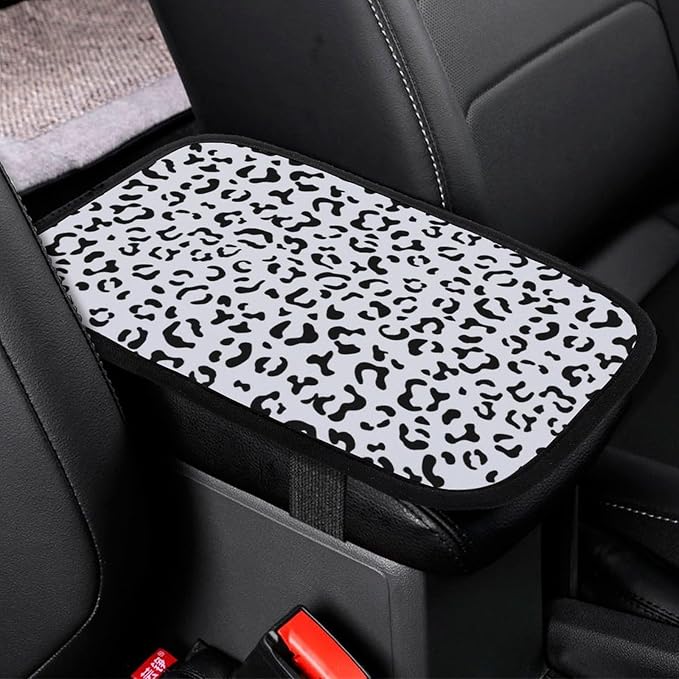 Black White Leopard Car Center Console Cushion Pad,Waterproof Armrest Seat Box Cover Protector,Comfortable Car Decor Accessories Fit for Most Cars, Vehicles, SUVs