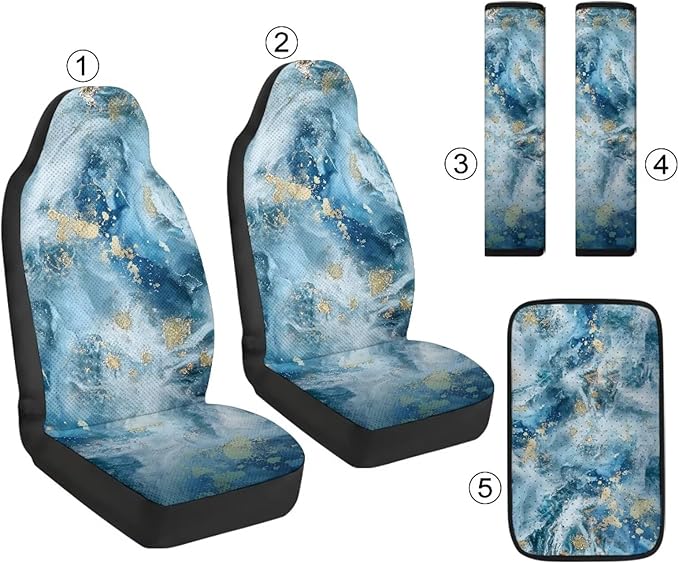 Qeluxign PU Leather Car Seat Covers Set - Includes 2 Seat Protectors, 2 Shoulder Pad Covers, 1 Armrest Cover for Car Decoration,Blue Gold Marble