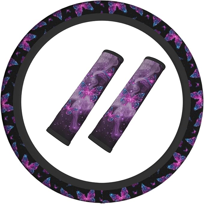 Purple Butterfly Steering Wheel Cover Elastic Non-Slip Car Steering Wheel Covers with Seat Belt Shoulder Pad For Women Men