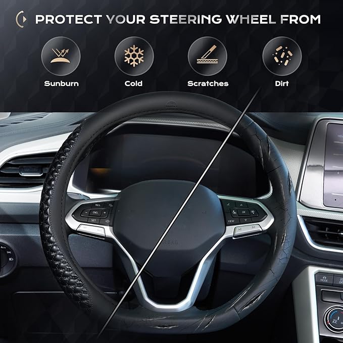 Coverado Car Steering Wheel Cover, Nappa Leather Black Steering Wheel Covers, Universal 14-15 inch, Anti-Slip, Breathable Steering Wheel Protector for Women Men