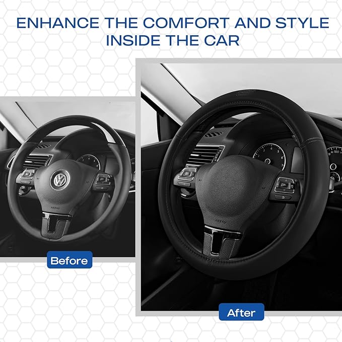Skechers Memory Foam Steering Wheel Cover,Grade Protein Leather Steering Wheel Cover,Universal Anti-Slip Fit 14" 1/2-15" Car Wheel Cover for Men Women Fit Suvs,Vans,Sedans,Car,Trucks,Black