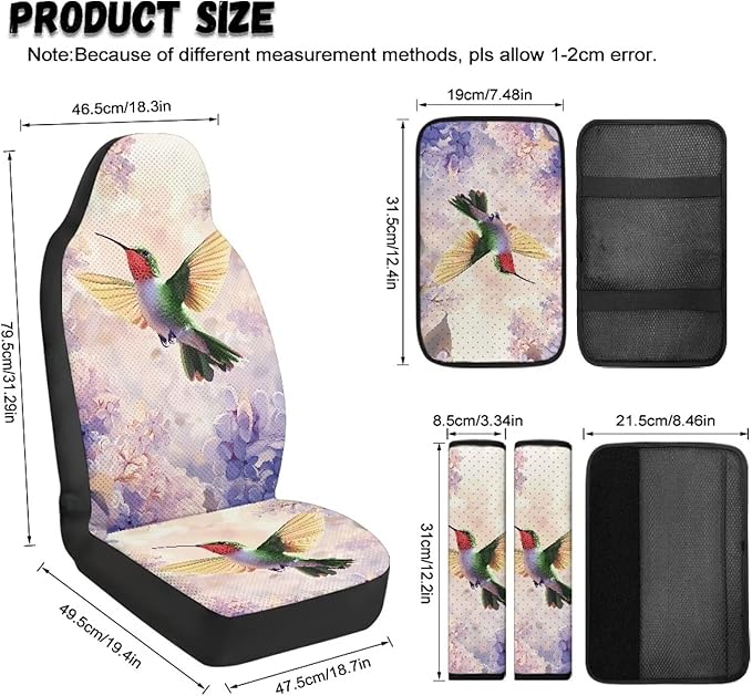 Qeluxign 5 Piece Car Seat Covers Full Set,Hummingbird Lavender Floral Front Seats Cover/Auto Seatbelt Shoulder Pads/Center Console Armrest Cover,Universal Car Accessories Men Women Gifts