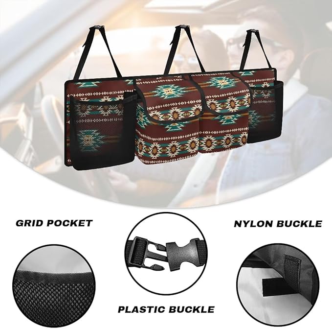 Brown Aztec Trunk Organizer for SUV, Car Organizer Back Seat Hanging Car Storage Container with 4 Pockets Collapsible Cargo Bag Car Interior Accessory
