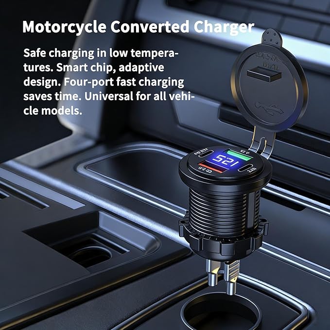 USB Car Charger - Fast PD+QC3.0 Charging Station, Digital Display Monitor Design, USB-A + ÚSB-C Ports + 60W Output Power Spec, ABS PVC -Grade Construction - for Cars, Trucks & Motorcycles