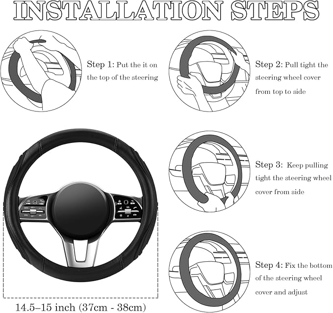 Black Film Splicing Leather Steering Wheel Cover, Microfiber Leather, Anti-Slip, Breathable, Universal Fit for 14.5–15 in Steering Wheel Cover for Men Women