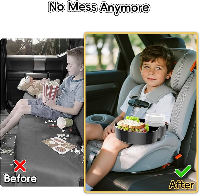 Kids Car Seat Tray, Travel Tray with Cup Holder for Toddler, Baby Car Seat Food Snack Organizer for Road Trip, Stroller snack tray travel must haves (Black 1 Pack)