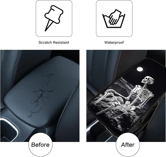 JANENFNA Car Armrest Cover Pads Universal Fashion Cute Auto Center Console Armrest Cover Pad with 2PCS Car Coasters Soft Waterproof Car Armrest Seat Protector for Women,Skeleton