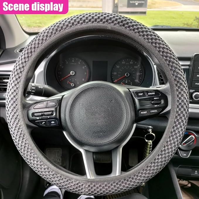 Elastic Stretch Steering Wheel Cover, Anti-Slip 15 inch Microfiber Odorless Breathable Ice Silk Car Steering Wheel Protector, Easy Carry, Warm in Winter & Cool in Summer (Grey)