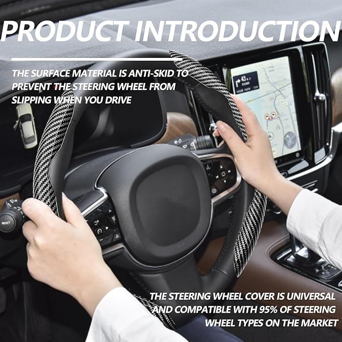 2pcs Universal Fit Carbon Fiber Steering Wheel Cover, Anti-Skid Steering Wheel Cover/Segmented Steering Wheel Protector/Car Interior Accessories (Bright Black)
