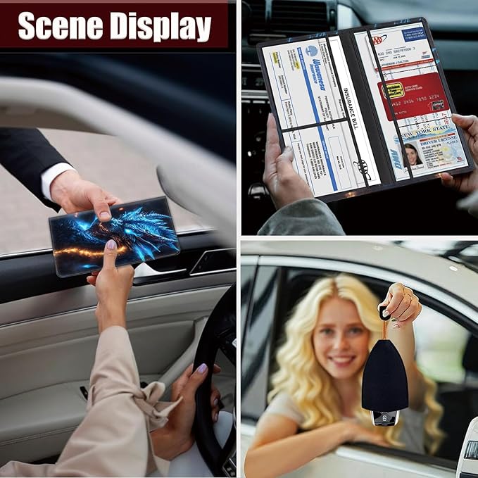 Car Document Holder with Magnetic Shut, Car Registration and Insurance Card Holder, Vehicle Glove Box Organizer Documents, Driver License, Auto Paperwork Organizer Wallet, Blue Dragon Breathing Fire
