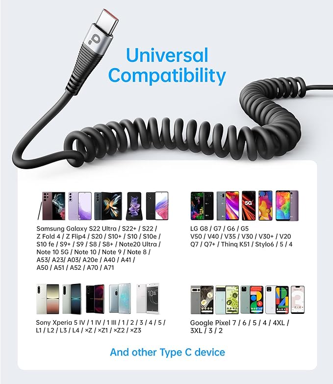 USB C to C Charger Cable [2-Pack 3FT], Coiled USB-C Cable for Car, Type C Fast Charging USBC to USBC Cable for iPhone 17/16/15/15 Pro/15 Plus/15 Pro Max/Samsung Galaxy S23 More USB C Devices