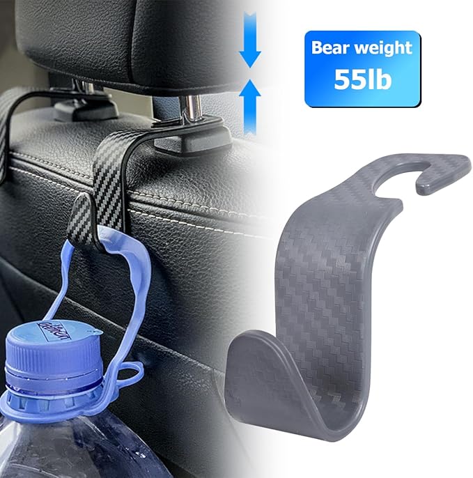 Car Back Seat Headrest Hooks, 4PCS Vehicle Backseat Storage Organizer Hanger, Multifunctional Auto Headrest Hidden Hook Universal for Handbag Purse Backpacks Bags(Carbon Fiber Grey)