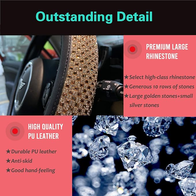 PINCTROT D Shaped Bling Comfy Steering Wheel Cover with Jumbo Crystal Rhinestones, Anti-Slip Diamond Leather, Flat Bottom 14.5-15 Inch (Gold)