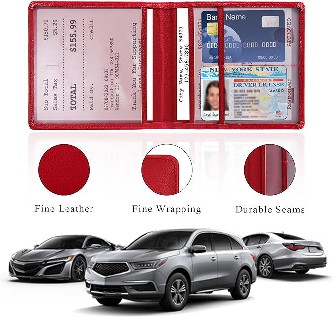 Car Registration and Insurance Holder, 5.51" × 5.11" Premium Leather Vehicle Glove Box Organizer with Magnetic Closure, Auto Document Holder for Cards Paperwork and Drive License (Red-B)