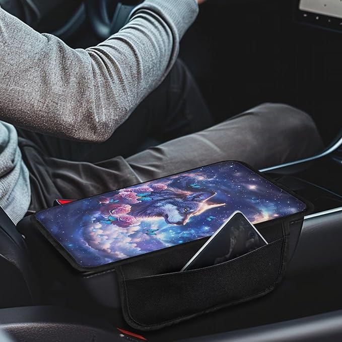 Dreaweet Galaxy Wolf Car Accessories Arm Rest Cover for Car Center Console Cover with 2 Storage Pockets,Universal Soft Armrest Cover Protector for Vehicle SUV Truck Car