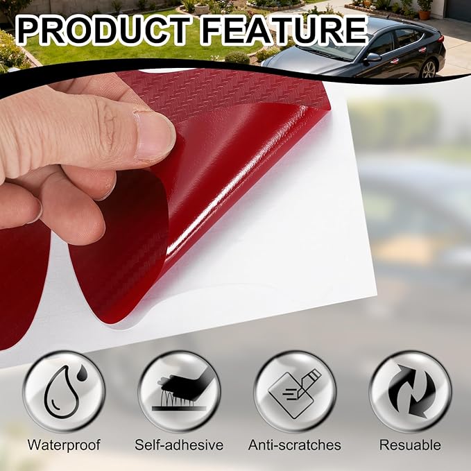 PATIKIL 3.54" x 3.94" Car Door Handle Sticker, 8Pcs Carbon Fiber Anti-Scratches Vehicle Door Cup Protector with Scraper Auto Door Handle Protective Film for Cars Trucks RV SUV, Burgundy