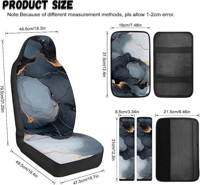 Qeluxign Marble Air Mesh Car Seat Covers & Accessories 5-Piece Set 2 Seat Covers, 2 Shoulder Belt Pads, 1 Console Pad PU Leather Car Interior Set for Women