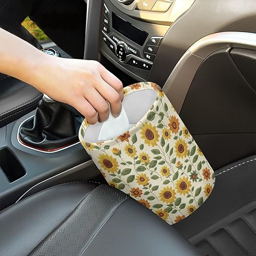 Brosoneto Sunflower Print Car Trash Can Portable Collapsible Back Seat, Front Seat, Floor, or Hanging Headrest Waste Basket Car Accessories Interior for Women
