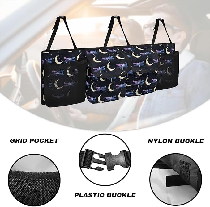 Dragonfly Moon Large Capacity Car Trunk Organizer, Waterproof Oxford Backseat Hanging Storage Bag with 4 Pockets, Foldable Car Organization for Car Tools, Car Accessory for SUV Truck