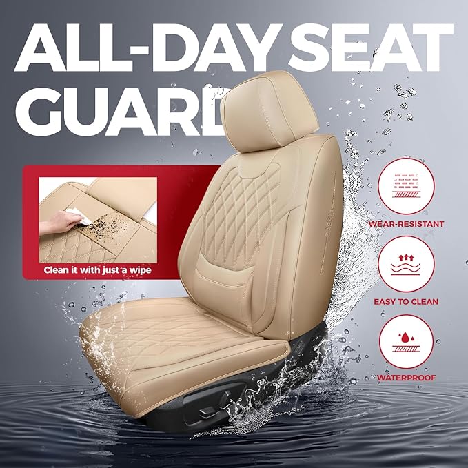 FREESOO Front Car Seat Covers - Luxury Breathable Waterproof Faux Leather Car Seat Cushion Protector with Lumbar Support, Universal Fit for Most 5 Seats Vehicles, Sedans, Hatchbacks, and Trucks, Beige