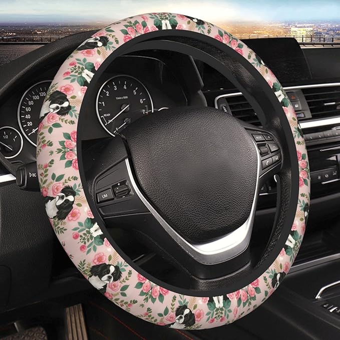 Japanese Chin Dog Universal Fit Steering Wheel Cover for Car, Truck, and SUV, Durable Steering Wheel Protection