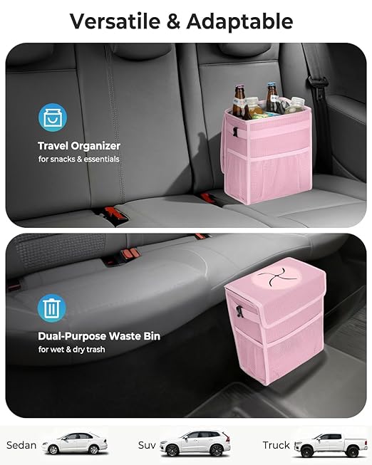 HORJONES Corduroy Car Trash Can with Lid and Mesh Pockets - Leakproof Organizer,Multipurpose Waterproof Garbage Can/Trash Bin for Car(Light Pink-2 Gallons)