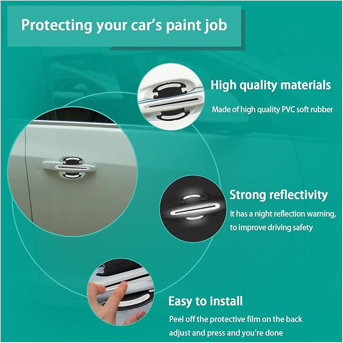 Augeny 8 PCS Car Door Handle Protector Reflective Stickers, Universal 3D Carbon Fiber Auto Paint Guard, Anti-Scratch Bowl Protective Film for Most Cars (White)