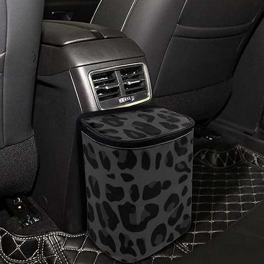 Black Leopard Car Trash Can, Waterproof Car Garbage Can with Lid and Zip Clouse, Leak Proof Portable Car Trash Bag Hanging Vehicle Organizer