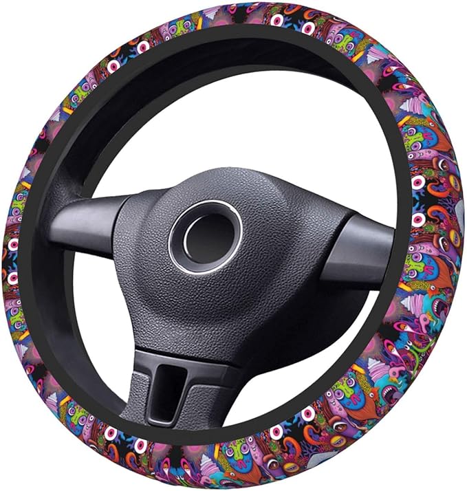Visages Psychedelic Horror Monster Universal Fit Steering Wheel Cover for Car, Truck, and SUV, Durable Steering Wheel Protection