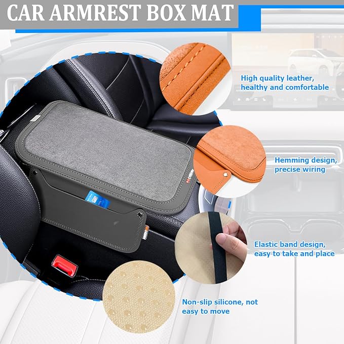 Car Center Console Cover, Leather Furry Fluffy Armrest Seat Box Cushion Pad with 2 Storage Bags, Comfortable Auto Interior Middle Console Protector, Compatible with Most Vehicle (Gray)