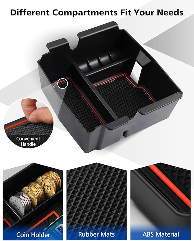 FIILINES Center Console Organizer for Jeep Wrangler JL JLU 2018-2024/ Gladiator JT 2020-2023/ 4XE 2021-2023, Center Console Tray Secondary Armrest Storage Box ABS Insert Container with Anti-Slip Mats