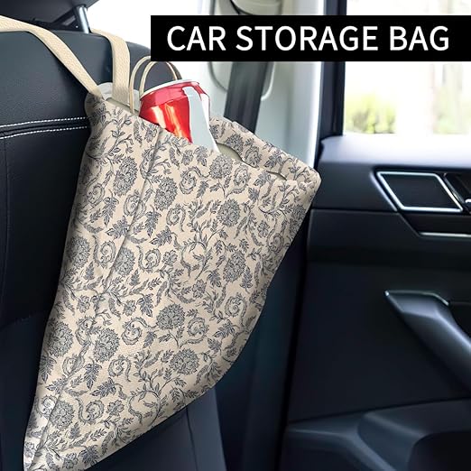 ABUIFDK Car Trash Can, Cute Car Trash Bag, Hanging Car Organizer and Storage Bag, Trash Bin for Car Accessories, Vehicle, Travelling, Camping Retro White Flower