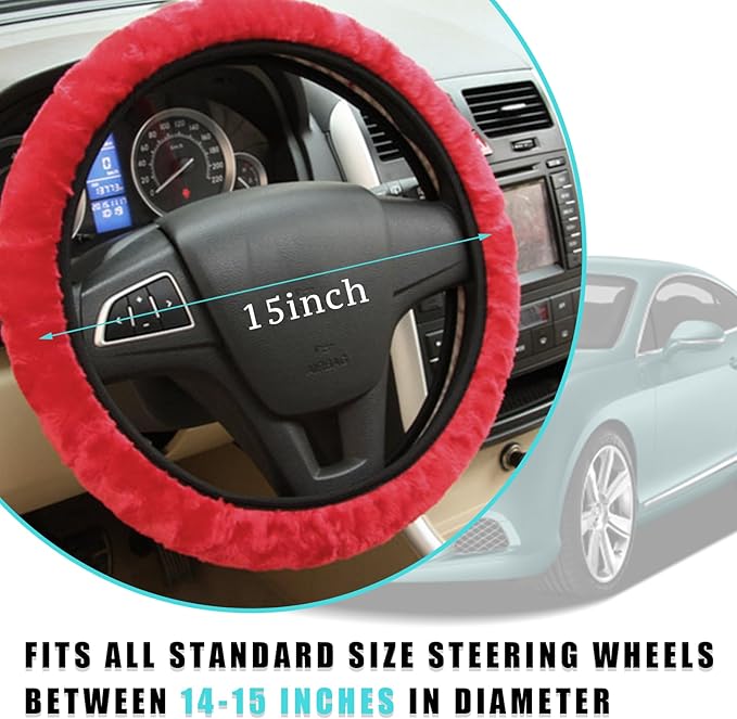 Ziciner Elastic Fuzzy Steering Wheel Cover, 15'' Soft Steering Wheel Protector for Warm Winter, Anti-Slip Fluffy Car Wheel Covers, Universal Car Interior Decor Accessories for Women Men (Red)