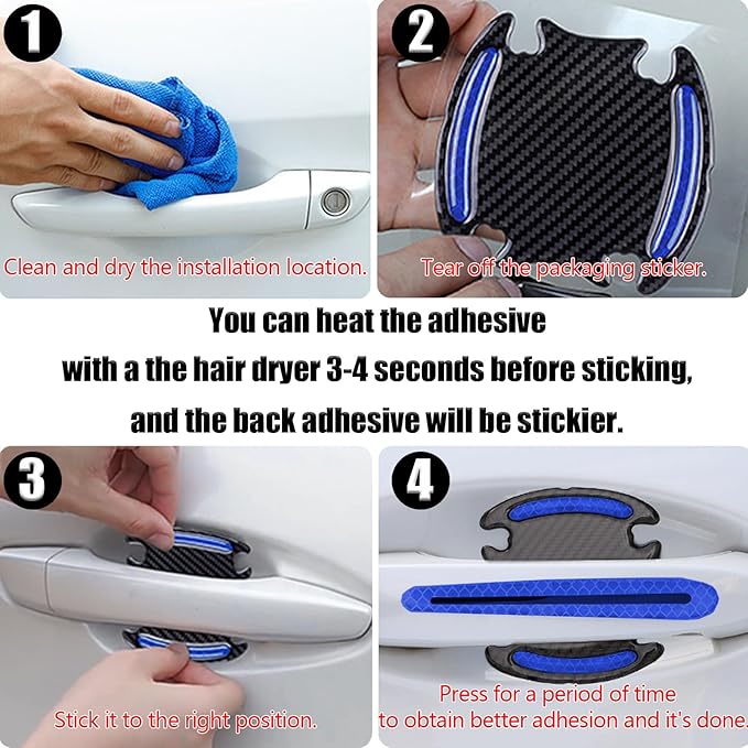 8Pcs Car Door Handle Protector Reflective Sticker,3D Carbon Fiber Universal Door Handle Scratch Protector Cover,Self-Adhesive & Non-Marking,Paint Guard Protective Films (Blue)