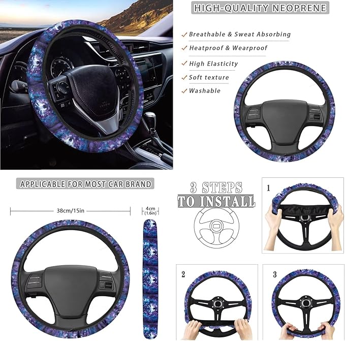 10 Piece Car Seat Cover Sets for Women and Men, Galaxy Wolf Printed Car Front and Back Seat Protector Steering Wheel Cover Trash Can Air Vent Storage Bag Wristlet Keychain