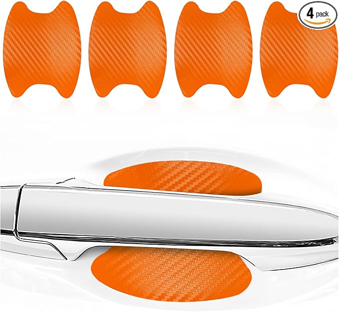 Kewucn 4PCS Car Door Handle Sticker, Carbon Fiber Auto Door Side Handle Protective Films, Anti-Scratch Vehicle Door Cup Protector, Universal Exterior Accessories for Most Cars (Orange)