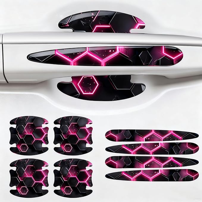 JRSMBCG 8PCS Car Door Handle Scratch Protectors,3D Patterned-Marking，Anti Scratch, Automotive Door Handle Paint Protective Film Cover Accessories, Universal for Most Cars (Black-Pink)