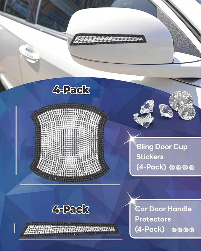 8Pcs Bling Car Door Handle Protector Stickers,Crystal Rhinestone Glitter Car Door Handles Cup Scratch Protectors Decals Universal (Black White)