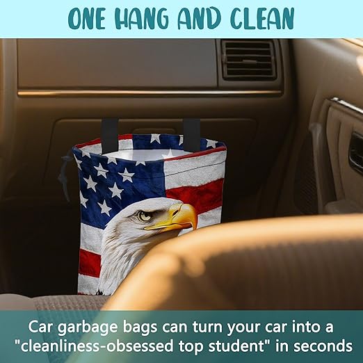 KXWQTRDD Car Trash Bag American Flag and Eagle Leak-Proof Car Garbage Bag with Drawstring Foldable Canvas Trash Bin with Adjustable Buckle for Car Accessories, Travelling, Camping