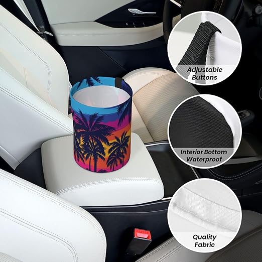 KXWQTRDD Car Garbage Bag Blue Palm Trees at Sunset Mini Car Trash Bin Portable Collapsible Waterproof Rubbish Bag for Car Accessories Back Front Seat Cup Holder