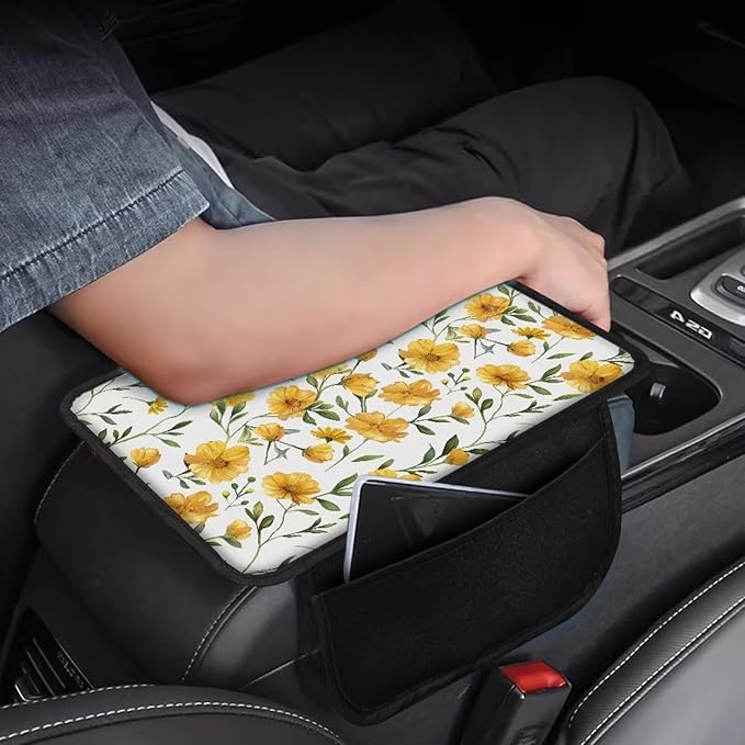 Dreaweet Yellow Floral Print Center Console Cover Car Armrest Cover with Storage Pockets Universal Arm Rest Cushion Universal Center Console Pad Car Interior Accessories