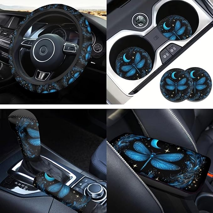 Blue Dragonfly Steering Wheel Cover Men Women 6pcs Funny Car Interior Decor Cup Coaster Handbrake Cover Suit for Most Cars Truck Vans SUV