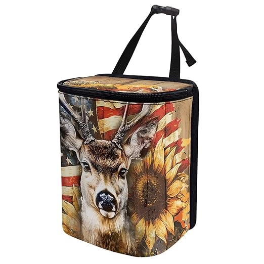 Talayituse Deer Sunflower Print Car Trash Can with Lid, American Flag Wood Leak Proof Auto Trash Bag Hanging Vehicle Garbage Can Multipurpose Storage Container for Back Seat Road Trip