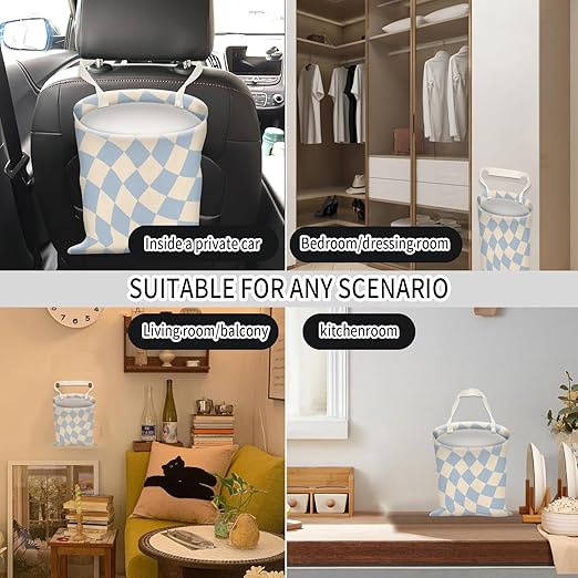 Car Trash Can, Hanging Garbage Bin for Men and Women, Cute Car Organizer and Storage Bag, Canvas Vehicle Trash Can Bag Easy-to-Install Cute Blue Checkborad